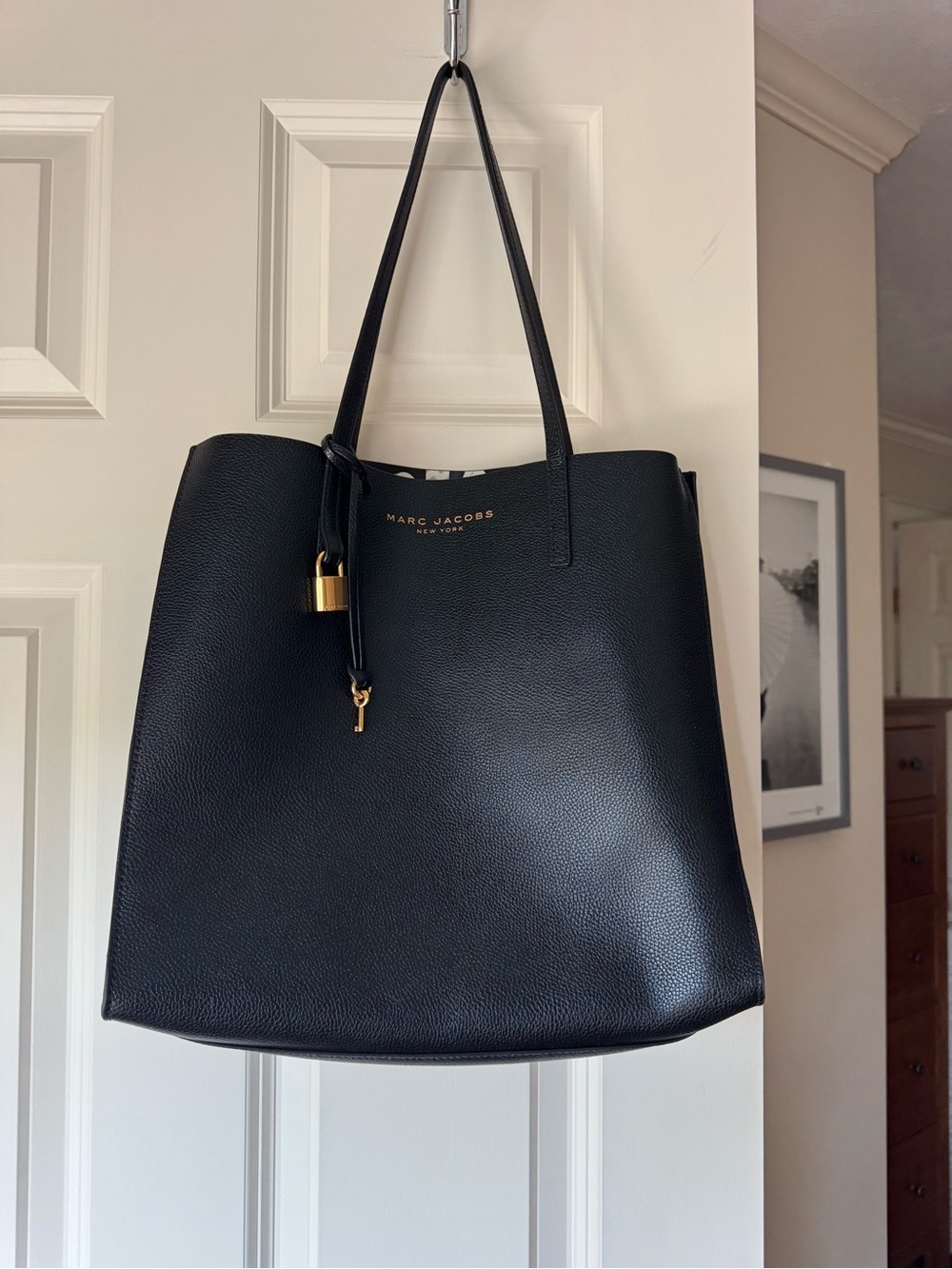 Marc Jacobs Black Leather Tote with Gold Lock Accent